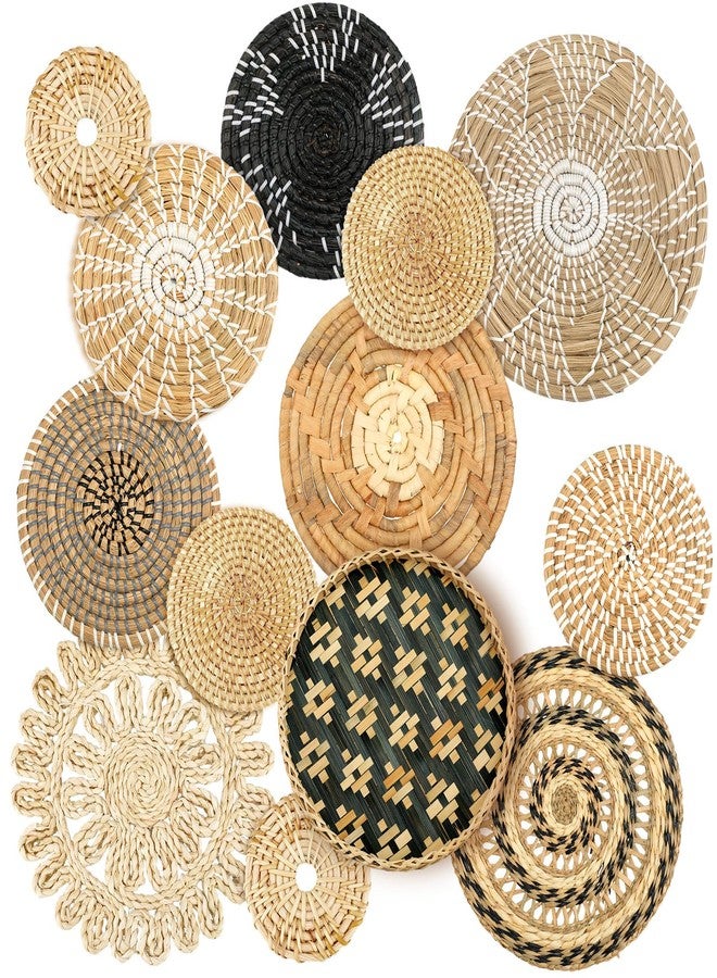 Glenmal Set of 13 Boho Wall Basket Decor Woven Rattan Flat Baskets Handmade Boho Wicker Bamboo Seagrass Wall Hanging Decor for Bedroom Living Room Dining Room Office Ready to Hang(Retro) - Image 1